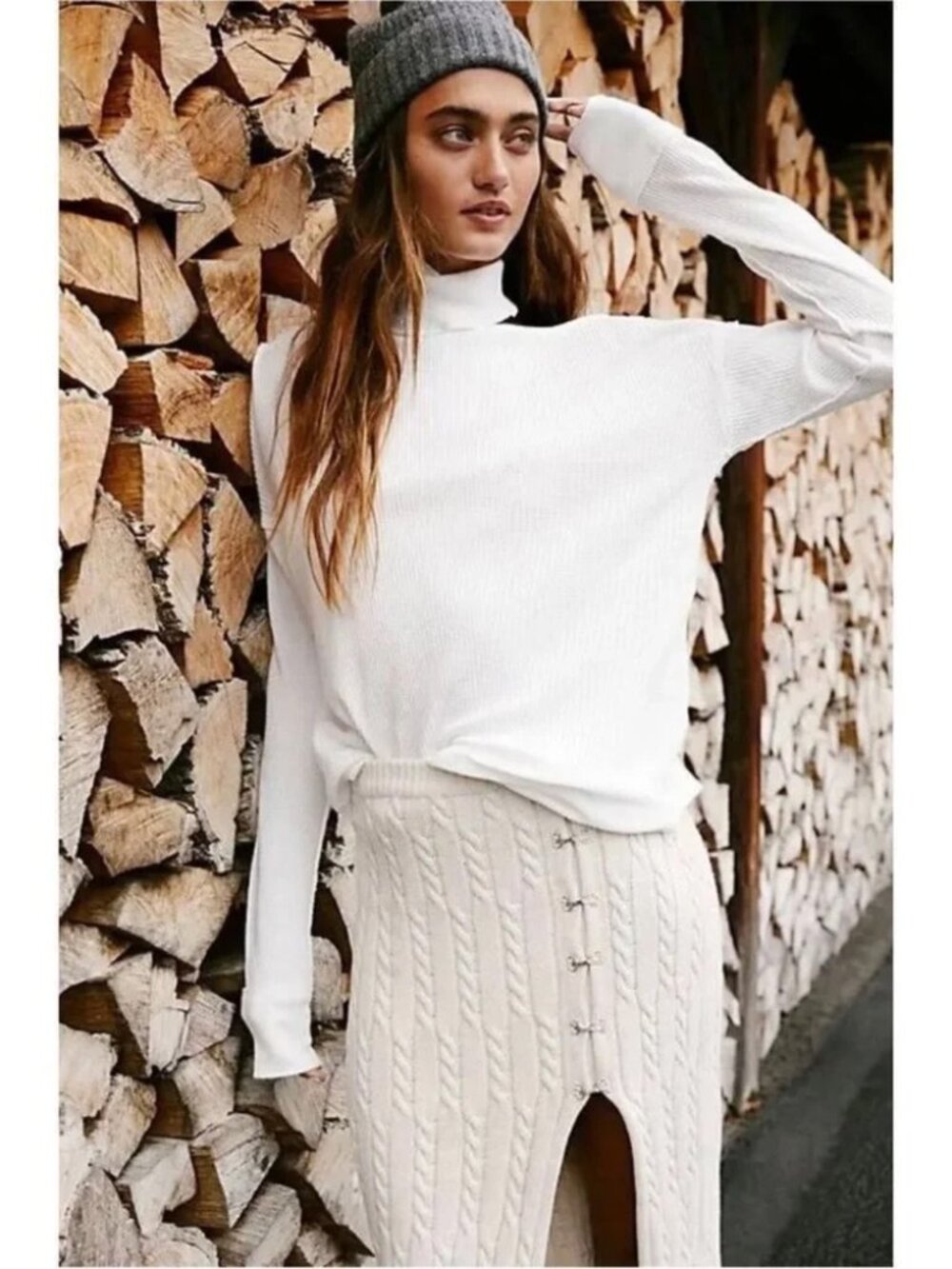 Free People Just For You Cutout Waffle Knit Thermal Turtleneck Top M